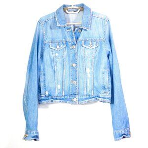 American Eagle Distressed Jean Jacket XL Light Wash Cropped Pockets Button Front